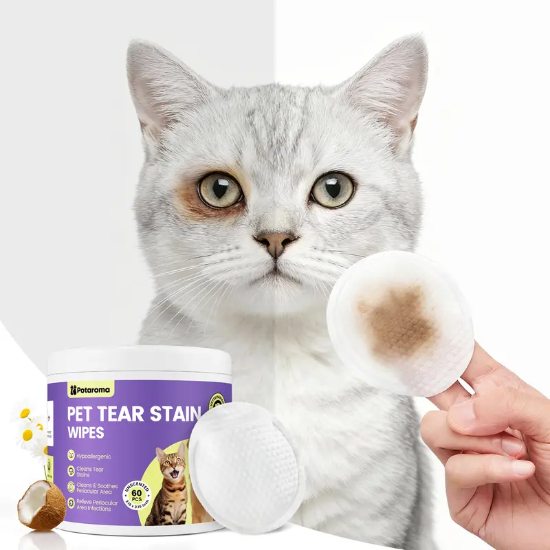 Potaroma Dog & Cat Eye Wipes - 60 Hypoallergenic Biodegradable Pads with Plant Enzyme Cleaning, Vitamin B5 Soothe, Alcohol-Free, Fragrance-Free, Cleans & Soothes, Hand-Inserted Double-Layer Thick Gentle Cleaner for Home Use (Pet Grooming Supplies)