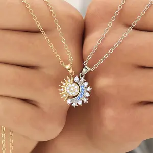 SGGUI Sun Moon Necklace,Magnetic Stackable Necklace for Women Men Sparkling Gold Silver Rhinestone Sun Pendant Necklace Couple Necklaces Matching Necklaces as Friendship Best Friend Jewelry for Women Men