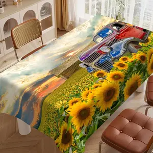 Polyester Tablecloth, Summer Sunflower Party Tablecloth, Autumn Farmhouse Sunflower Field Vintage Truck Tablecloth, Home Kitchen Picnic Decor Gift