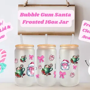 Bubble Gum Santa 16oz Frosted or Clear Libbey Jar with Bamboo Lid and Straw - Perfect for Drinks - Drinkware