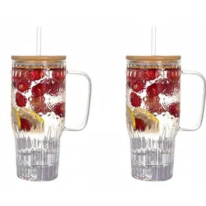 32oz Vintage Glass Tumbler with Handle & Lid – 2-Pack Large Iced Coffee Cups with Straws, Modern Glass Mug for Cold & Hot Beverages, Aesthetic Travel Cup for Smoothies, Tea and Juice