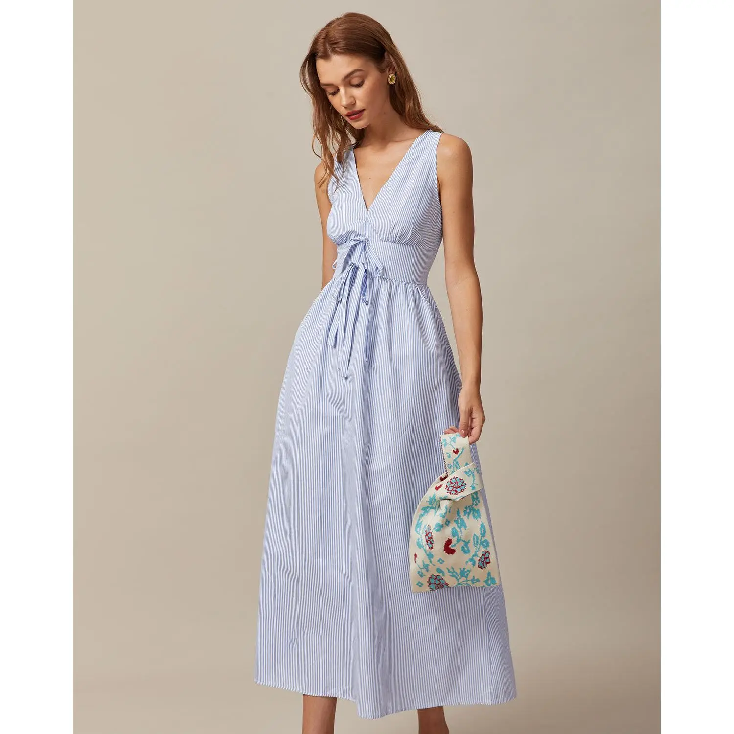rihoas Women's Feminine Blue V-Neck Shirred Striped High-Waisted Slim Fit Polyester Casual Maxi Dress for Casual Wear,summervibes - TikTok Shop rihoas Women's Feminine Blue V-Neck Shirred Striped High-Waisted Slim Fit Polyester Casual Maxi Dress for Casual Wear,summervibes - TikTok Shop