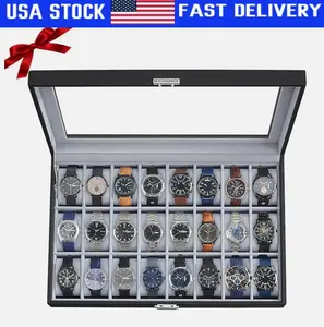 24 Slots Watch Box PU Leather Watch Case Organizer Watch Display Case Lockable