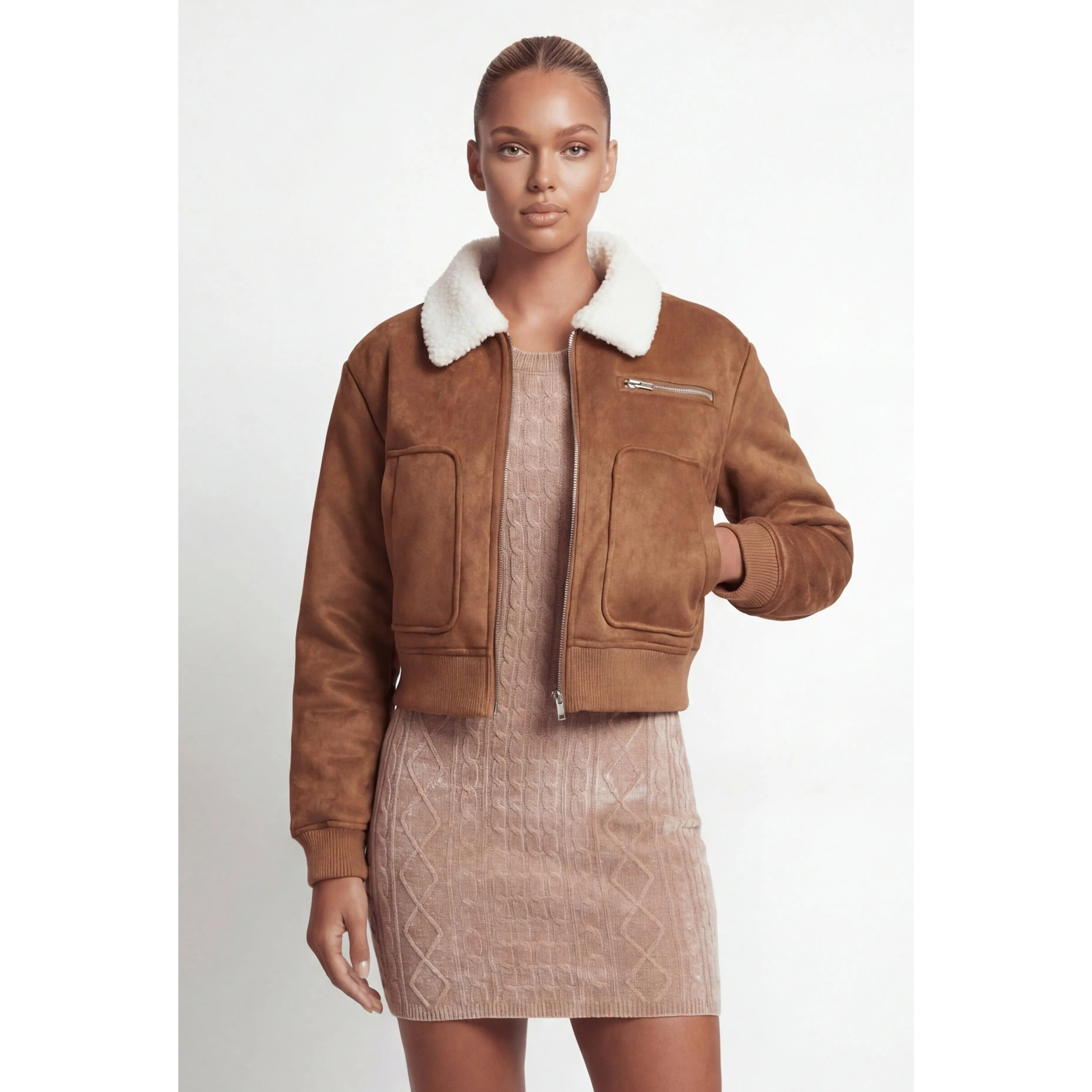 Nancy Faux Suede Sherpa Lined Bomber Jacket