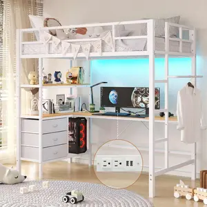 Sikaic Twin Loft Bed with L-Shaped Desk, LED Metal Bed Frame with Charging Station, Drawers, Storage Shelves, Safety Guardrail & Ladder
