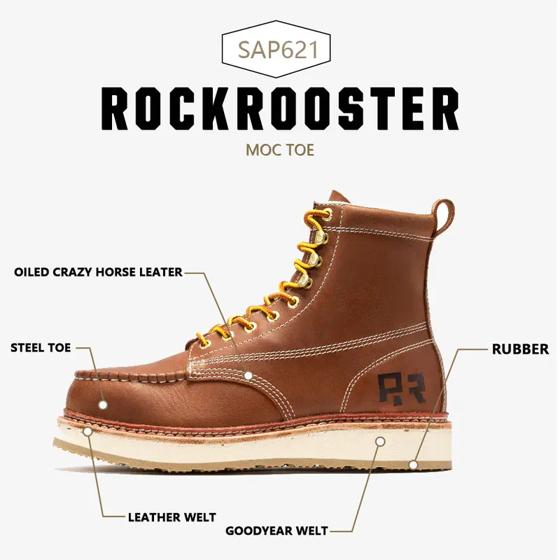 ROCKROOSTER Norwood Steel Toe Men's 6-Inch Work Boots Brown Water-Resistant Leather for Safety Construction Worker Footwear - Boy