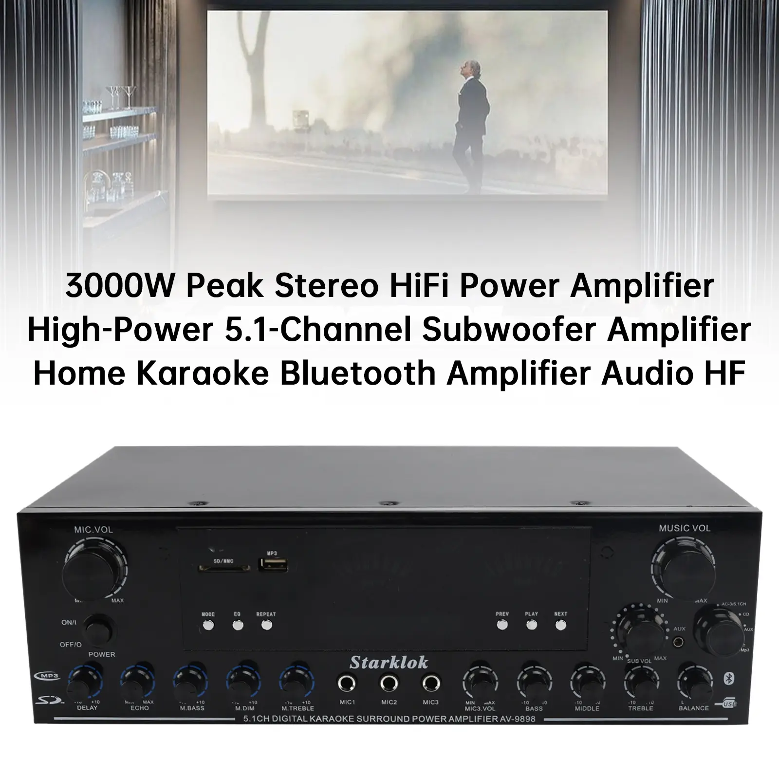 3000W Peak 5.1Channel HiFi Stereo Power Amplifier - with Home Karaoke Bluetooth 5.0, Recording, Remote Control, Support USB Disk/SD Card, 3 Microphone Inputs, Independent Subwoofer, Power-off Memory