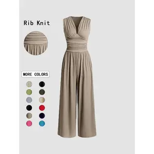 Women's Plain Ruched Deep V Neck Wide Leg Jumpsuit, Casual Sleeveless Ribbed Jumpsuit for Daily Wear, Ladies Clothes for All Seasons, Minimalist Jumpsuit