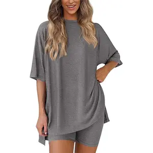 Women's SummerBLACK FRIDAYTwo-Piece set 2025 Casual OversizedCrewneck Split Hem Shirts & Side Pocket BikerSherts Minimalist Lounge wear Soft ViscoseFabric Comfy Homewear Ce2y Pjs  present，Gift，Christmas