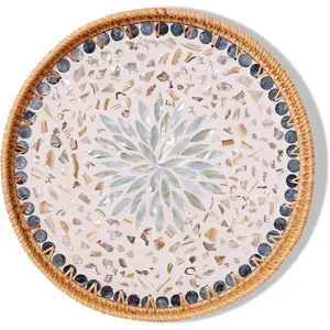 Round Rattan Tray with Mother of Pearl Inlay & Wooden Base - Decorative Wicker Serving Tray for Coffee/Bread/Fruits, Food Storage & Display - Multipurpose Home Decor (M,Blue Shells)