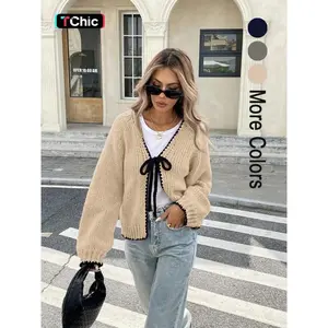 Women's Tie Front Long Sleeve Cardigan, Casual Open Front Outerwear for Daily Wear, Ladies Knit Clothing for Spring & Fall