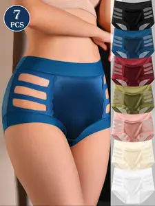 7 Pack Women's Satin & Lace Panties Mid Rise - Floral Lace Trim Bow Detail 7 Colors (Bk/Bl/Grn/Wine/Pk/Bie/Wt) Breathable Seamless Everyday Luxury for Special Occasions Underwear Womenswear