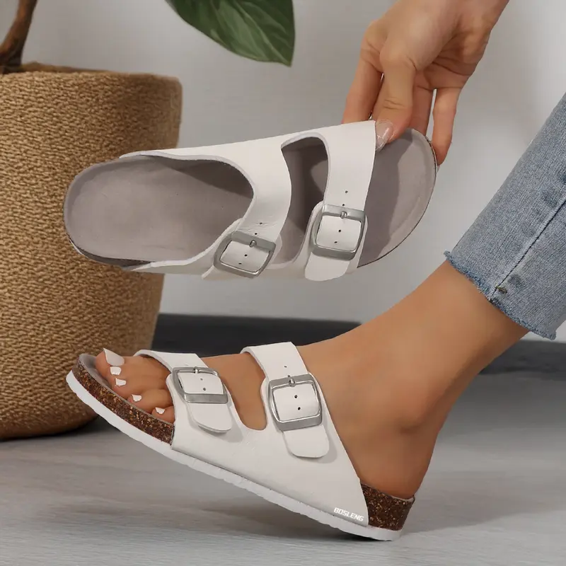 Women's Comfort Straps Adjustable Buckle Slip On Sandals Slide Cork Footbed Sandals