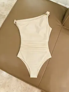 Women's Asymmetric Neck Pleated Jumpsuit, Pure Color Top with Metal Buckle Decoration, Stylish Casual Wear Bodysuit for All Seasons