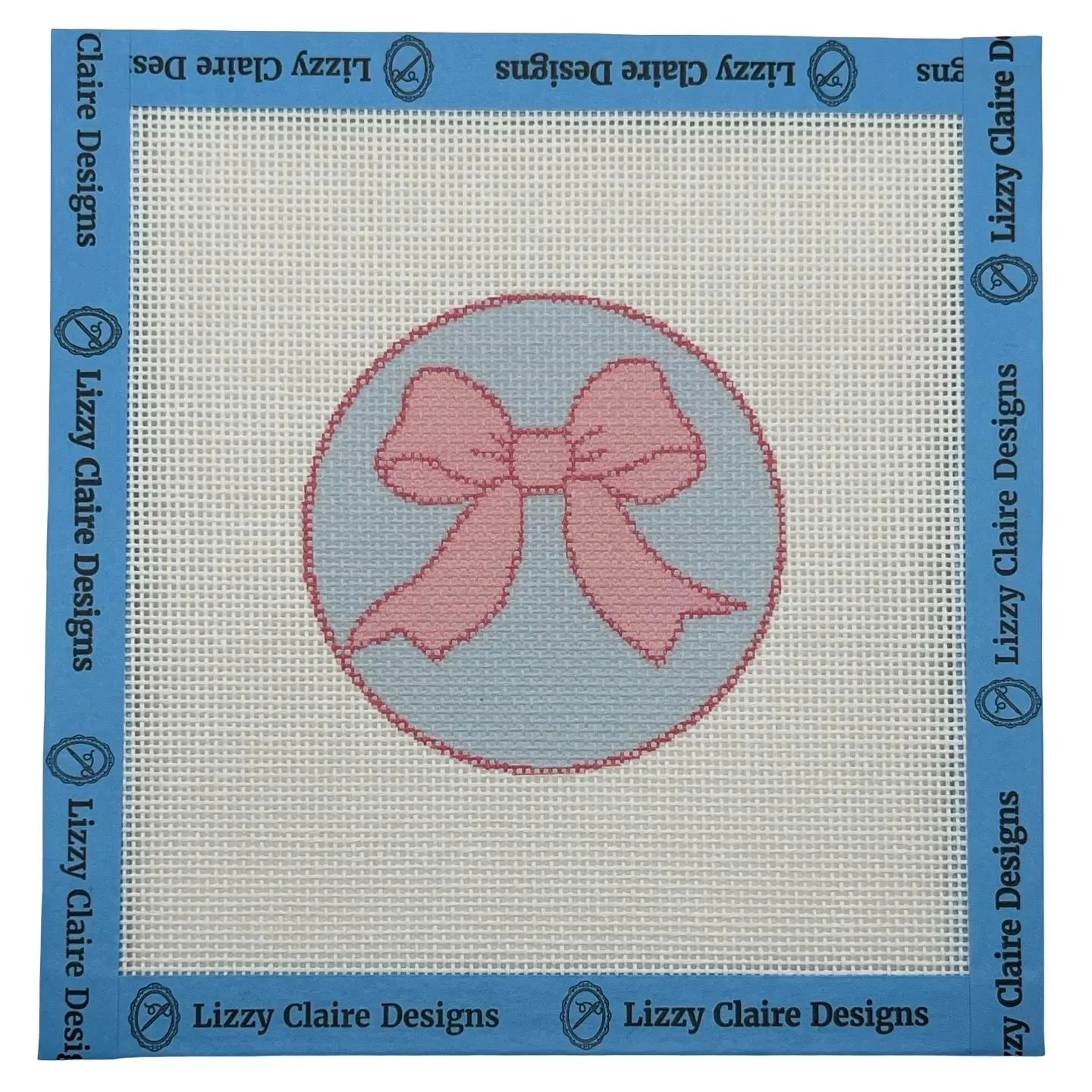 Pink Bow on Light Blue Background - 18 mesh - 6 x 6 - Needlepoint Canvas