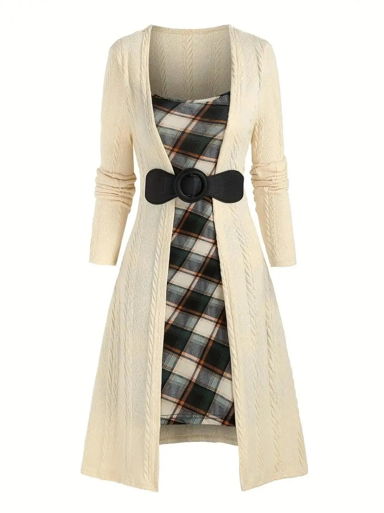 Plaid Checkered Patchwork Print Knit Textured Square Neck 2 IN 1 A Line Fit Dress Casual Long Sleeve for Fall and Winter Women's Clothes Daily Wear Aesthetic Womenswear wardrobe essential timeless piece
