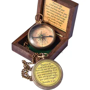 Trust in The Lord With All Your Heart - Proverbs 3:5-6 Quote Engraved Compass With Wooden Box, Greeting Card, Gift Compass, Graduation Day Gifts 2024 for Women Men Boys Girls