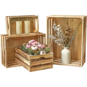 Large Torched  Storage Crates Decorative, Set of 4 Nesting Wooden Crates for Display Rustic, Farmhouse Wooden Storage Container Boxes Made from