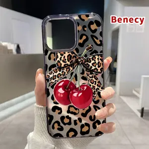 Magnetic Soft Case for iPhone 15 16 14 Pro Max 13 12 11 XR XS Plus E Cherry Leopard Bow Pattern Shockproof ultra-thin Silicone Crystal Transparent Protective Cover Supports Wireless Charging