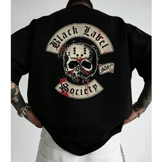 Men'S Black T-Shirt with Skull & "Black Label Society" Graphic - Trendy Summer Casual Round Neck Short Sleeve Tee, White Text & Red Accents, Perfect for Casual Attire, Everyday Tshirt| Bold Graphic Tee| Comfortable Fit