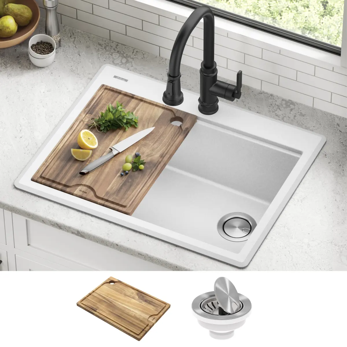 Kraus KGTW12-28WH 28 in. Bellucci Granite Composite Workstation Drop-In Top Mount Single Bowl Kitchen Sink in with Accessories, White