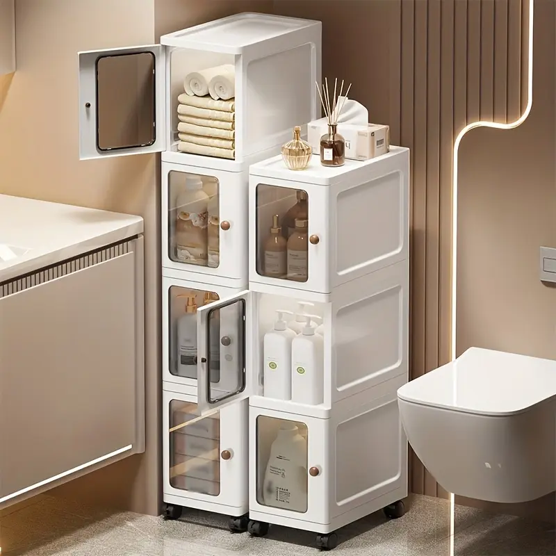 9.1-Inch Wide Slim Bathroom Storage Cabinet with Wheels & Transparent Doors, Narrow Freestanding Rolling Gap Organizer Cart, Space-Saving Tool-Free Assembly Tower for Small Spaces, Kitchen, Refrigerator Side, and Bedroom