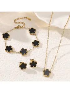 3Pcs Gold Plated Black Clover Jewelry Set, Dainty Enamel Quatrefoil Necklace Bracelet Earrings Combo, Fashion Jewelry Gift for Her