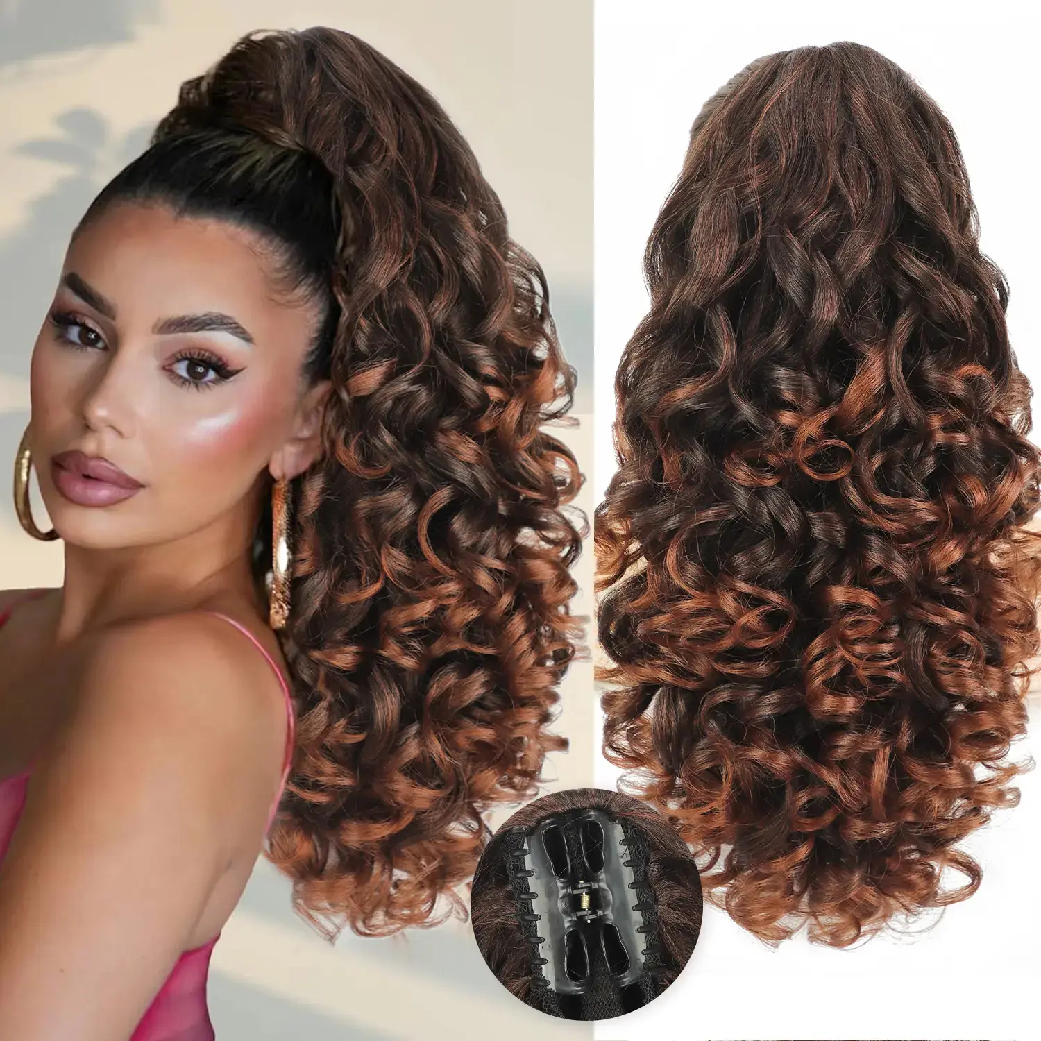HMD 20 in Synthetic Fiber Claw Clip Base Ponytail Extension, Heat-Resistant Loose Curls Wavy Hairpiece for Women, Hair Extensions, Synthetic Hair Extensions