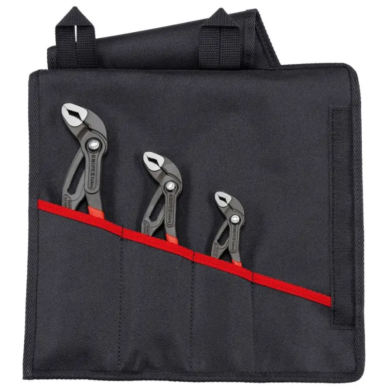 Knipex KNP001955S8 3-Piece Cobra Pliers Set - Box-Joint Design, Non-Slip Comfortable Gripping Position, Pinch Guard, Self-Locking on Round/Square/Hex Pipes & Nuts, Special Hardened Teeth, 1.89 lbs, Polyester Tool Roll Storage