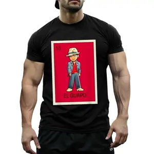 Men Mexican Lottery El Guapo Graphic Tee Vintage Stamp Print Casual Soft Stretch Everyday Wear Top Black Bold Illustration Machine Washable Leisure Clothing