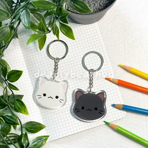 Cat Black White Cat Grey Double Sided Clear Epoxy Acrylic Keychain