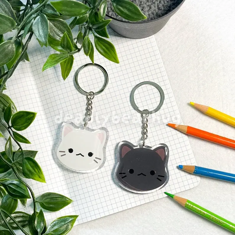 Cat Black White Cat Grey Double Sided Clear Epoxy Acrylic Keychain
