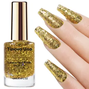 Tinovo Uno Golden Glitter Nail Polish, 12ml, Long Lasting Quick Dry Formula, No UV Needed, Alcohol Free, Formaldehyde Free, for Summer Hand and Foot Nail Art Manicure
