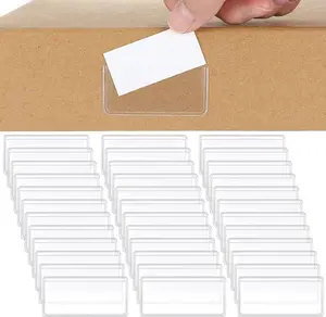 Jeyiour 100 Pcs Label Holders Adhesive Nameplate Pockets Storage Bin Labels Index Card Holder Shelf Plastic Peel Stick for Classroom Supermarket Bookshelf Library Student Box Drawer (2 X 1 Inch)