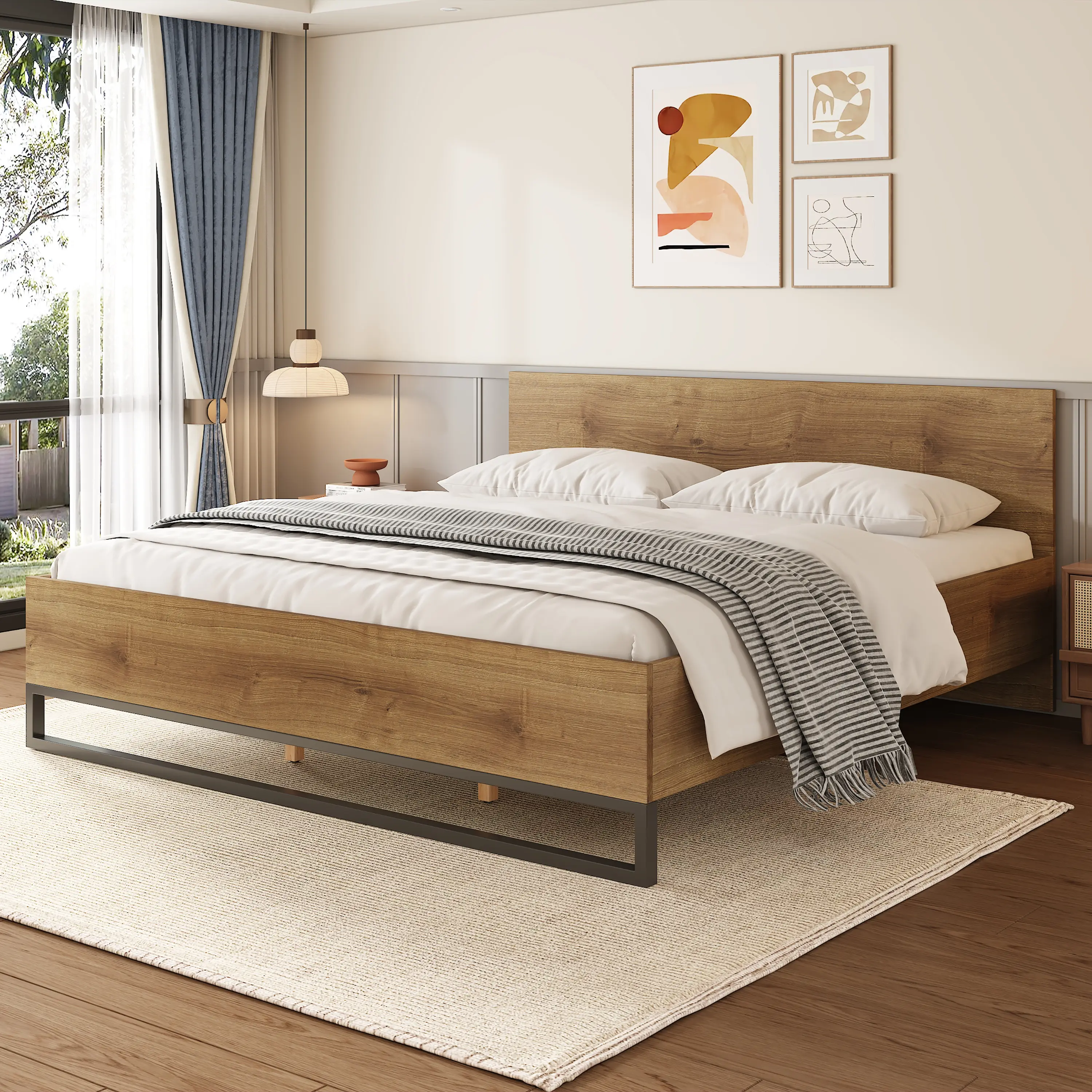 Engineered Wood Bed Frame King Size Natural and Black Color Platform Bed with Slat Support No Box Spring Needed Heavy Duty Frame for Bedroom Bed Frame Only, Bedroom Furniture for Bedroom, Guest Room, Kids Room, Teen Room, Dorm and Apartment