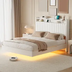 Queen Size RGB LED Floating Bed Frame, 60000+ Color Options, Built-in Storage & Fast Charging Headboard, Robust Noise-Free Platform Bed Robot Vacuum Friendly