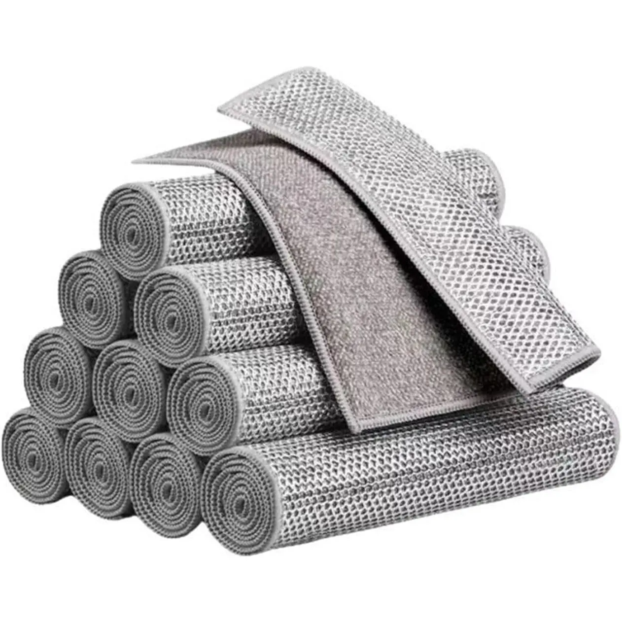 10 PCS Double-Sided Kitchen Mesh Dish Towels, 10x10 in Removable & Washable Rectangle Cloths with Silver Wire, Charcoal Fiber Surface, Stain Remover, Non-Greasy, Durable, Plastic Grip for Drying, Daily Hand Cleaning