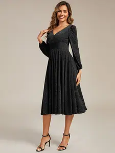 Ever-Pretty  dress Holiday dress ,Elegant V-Neck Long Sleeve A-Line Midi Dress with Ruched Bodice for Evening Party ,wedding guest dress ,formal dress,holiday dress 2523