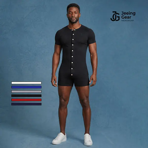 Men's Fitted Cotton Henley Pajama Jumpsuit - Short Sleeve, Round Neck, Tagless Menswear Onesies for Nightwear, Button-Closure Soft Loungewear, Sleepwear, Pajamas