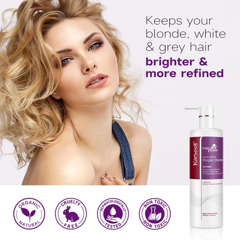 Karseell maca power purple shampoo professionally neutralizes brassy and yellow tones for blonde silver grey highlights 16.90 oz 500 ml