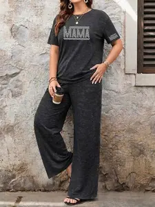 Plus Size Casual Two-Piece Set, Ink Wash Printed Tie-Dye Short Sleeve Round Neck T-Shirt and Wide-Leg Pants, Suitable for Daily Casual Outings.