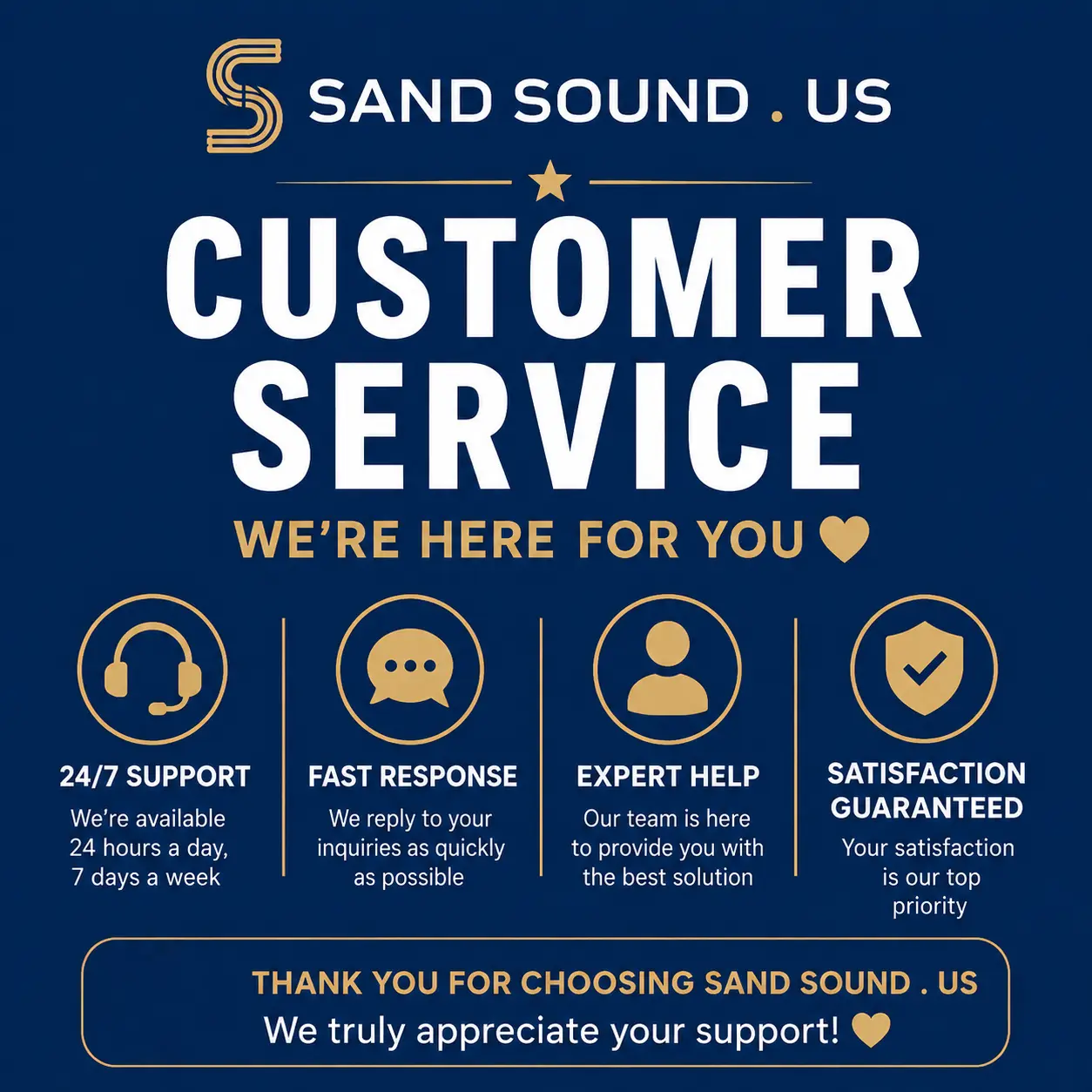 Sand Sound US Official After-Sales Service Support Card, 24H Fast Response Customer Service, Quality Guarantee, Damaged Goods Replacement & Hassle-Free Problem Resolution