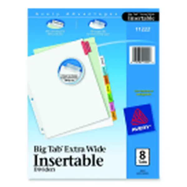 Avery Extra Wide Insertable 8-Tab Dividers, Color-Coded Tabs Binder Accessories, Worksaver Bigger Inserts, Laser/Inkjet Compatible, Single-Sided, 30% Post-Consumer Materials, 50% More Printing Space, Tabs For 50% More Printing Space