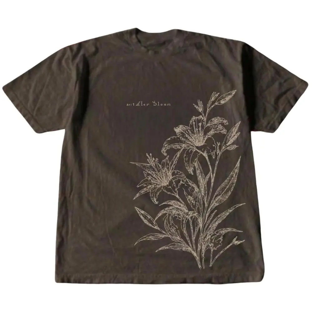 The Vintage Lily Line Art T-Shirt, Botanical Floral Graphic Tee, Dark Cottagecore Nature Shirt, Crew Neck Shirt, Trending Shirt