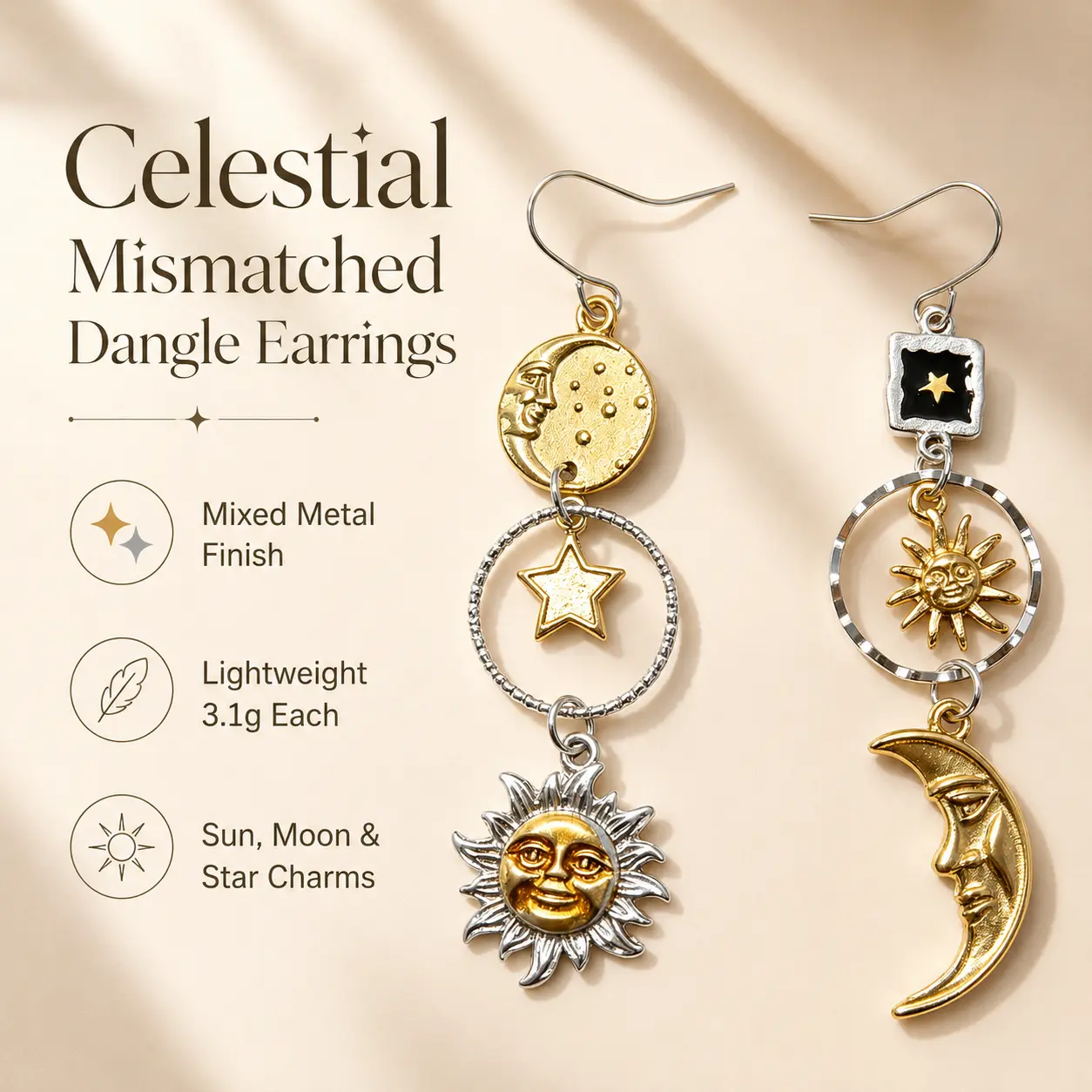 Women's Sun Moon Drop Earrings - 1.8 cm-7 cm, Gold & Silver, Sparkling, Elegant, Lightweight, Comfortable, Versatile, Fashion Female Accessory, Summer Gift for Daily Wear & Special Occasion, Earrings For Women, Moon Shaped Earrings