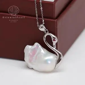 NC53-Animal Series S925 Handmade Freshwater Pearl Baroque Swan Pendant – Exquisite Style and Elegance