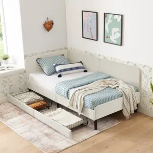 Beige Velvet Upholstered Platform Bed Frame - Adjustable Sofa Bed with 2 Rolling Storage Drawers, Space-Saving for Small Apartments/Guest Rooms