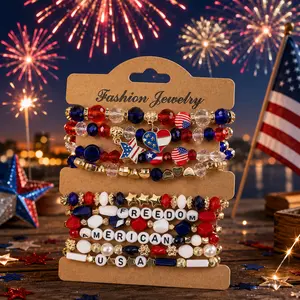 4th of July Bracelets Set, Red White Blue Clay Beaded Stretch Bracelets, Patriotic Stackable Jewelry for Women Teens