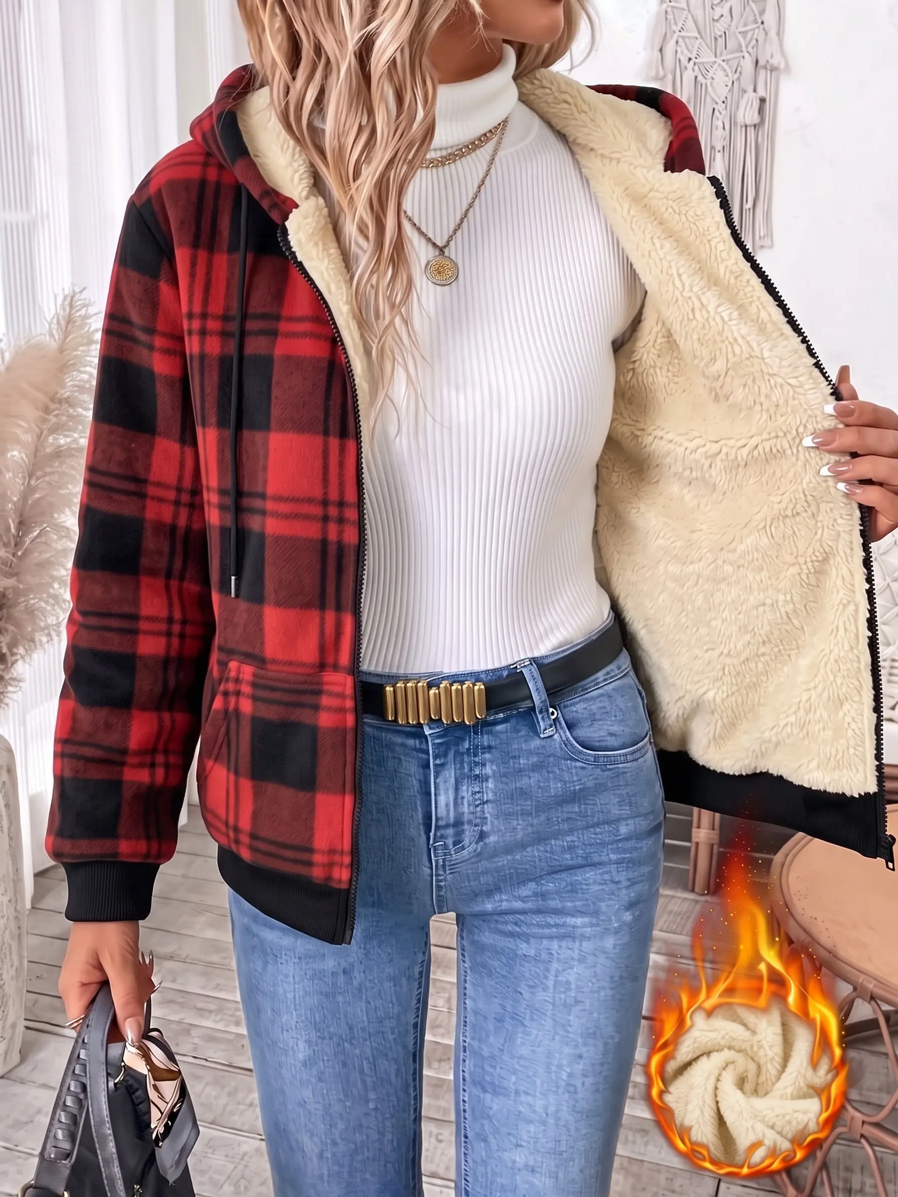 Women's Plaid Hooded Fleece-Lined Jackets for Women, Red Black Check Print, Full-Zip Front, Drawstring Hood, Kangaroo Pocket, Ribbed Cuffs, Ribbed Hem, Warm Winter Outerwear