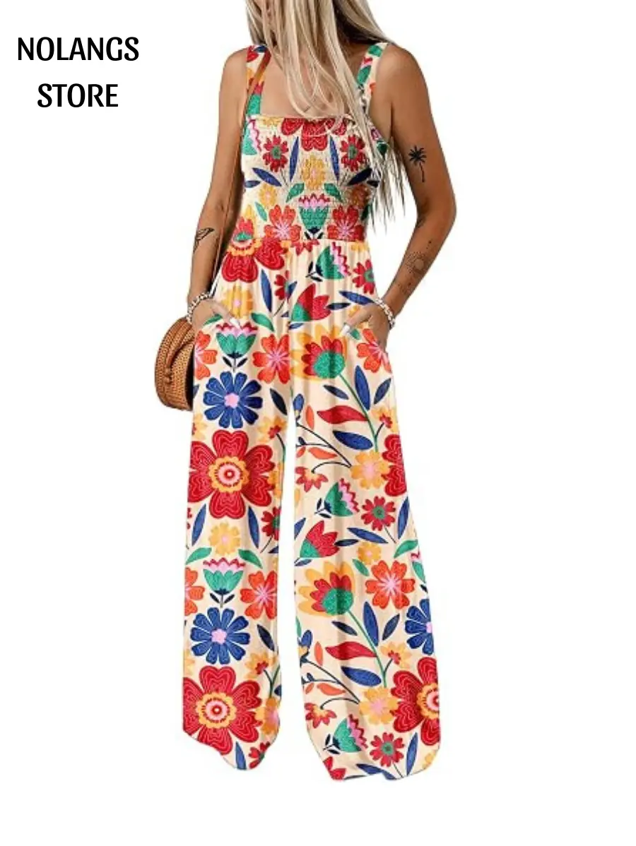 NOLANGS STORE Women Boho Floral Print Jumpsuits Square Neck Smocked Wide Leg Rompers Casual Summer Long Pants Overalls with Pockets
